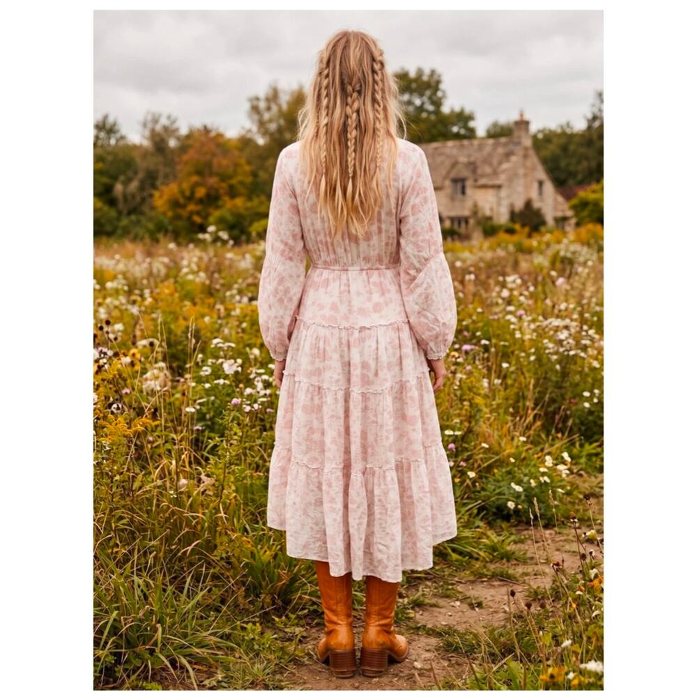 Free People Pappiet Midi Pink White Floral Boho VNeck Tiered Long Sleeve Dress - Picture 3 of 9